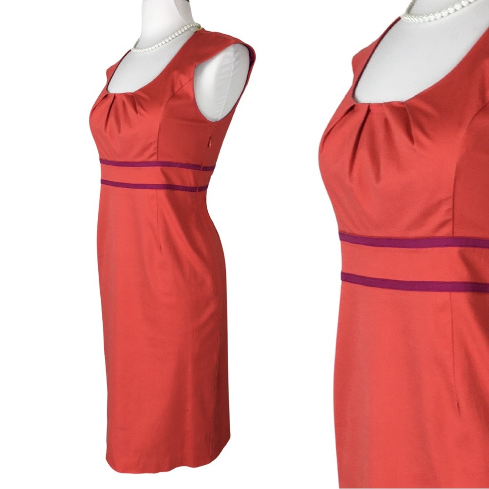 Boden Coral Peach with Fuchsia Ribbon Detail Sleeve Sheath Midi Dress size 8 - Picture 2 of 15